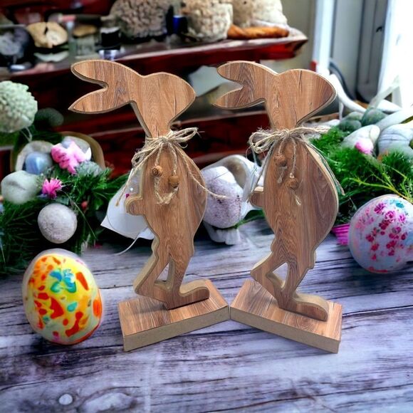 DL Ludo l Set of 2 l Wooden Rabbit Decor l Home & Garden l NWT - Picture 1 of 9